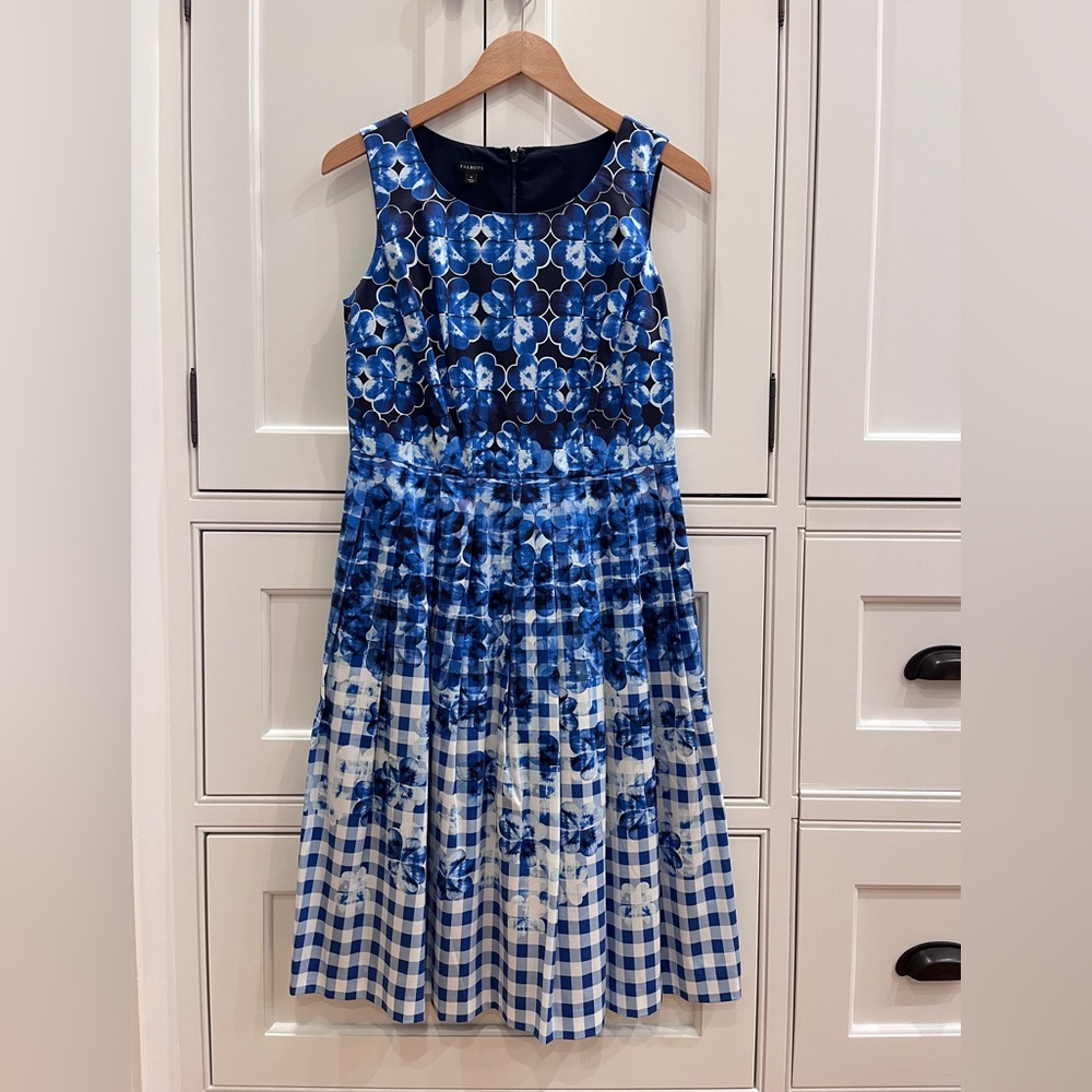 Talbots Blue Floral & Gingham Sleeveless Dress